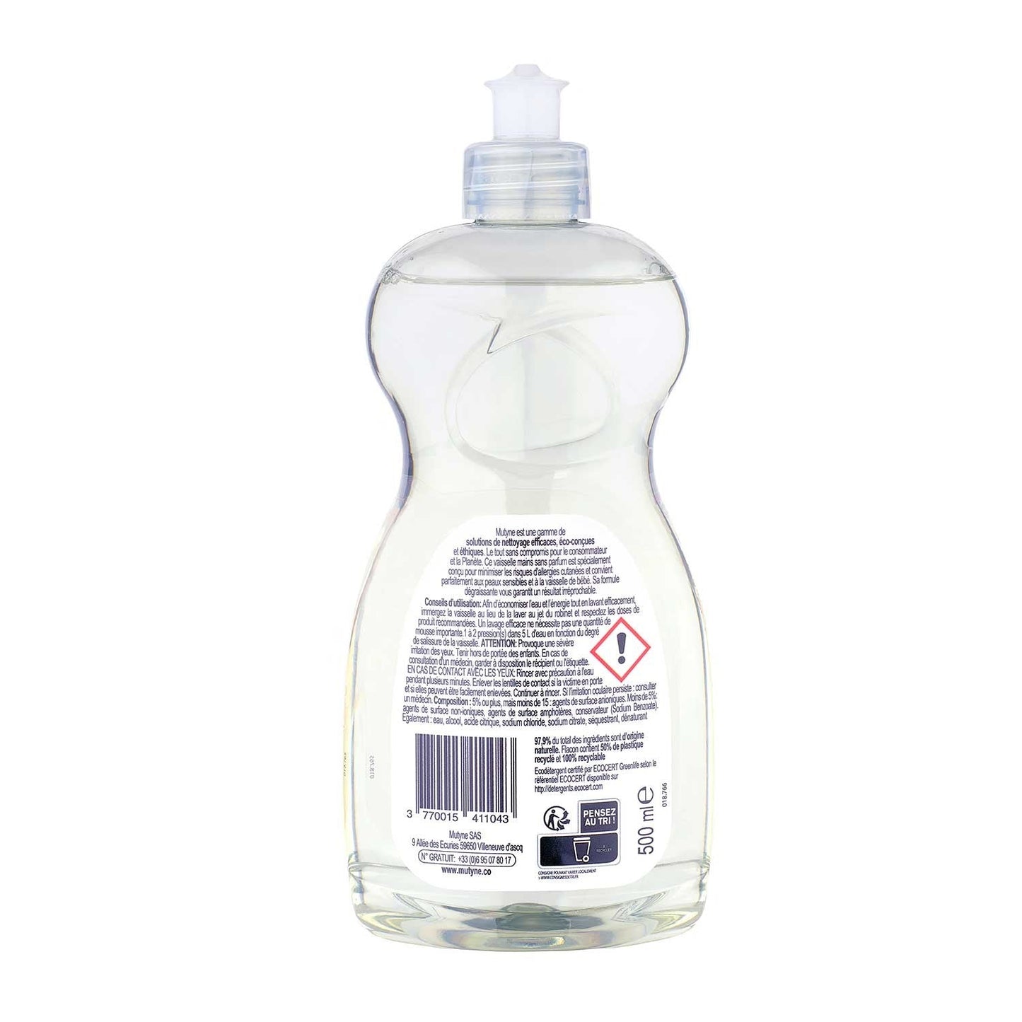 Liquide vaisselle Mains hypoallergénique sans parfum Mutyne 500ml - Benedetti