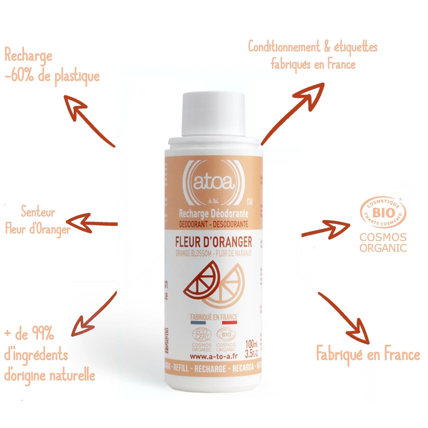 Recharge pour Roll on déodorant Fleur d'oranger bio ATOA 100ml - Benedetti