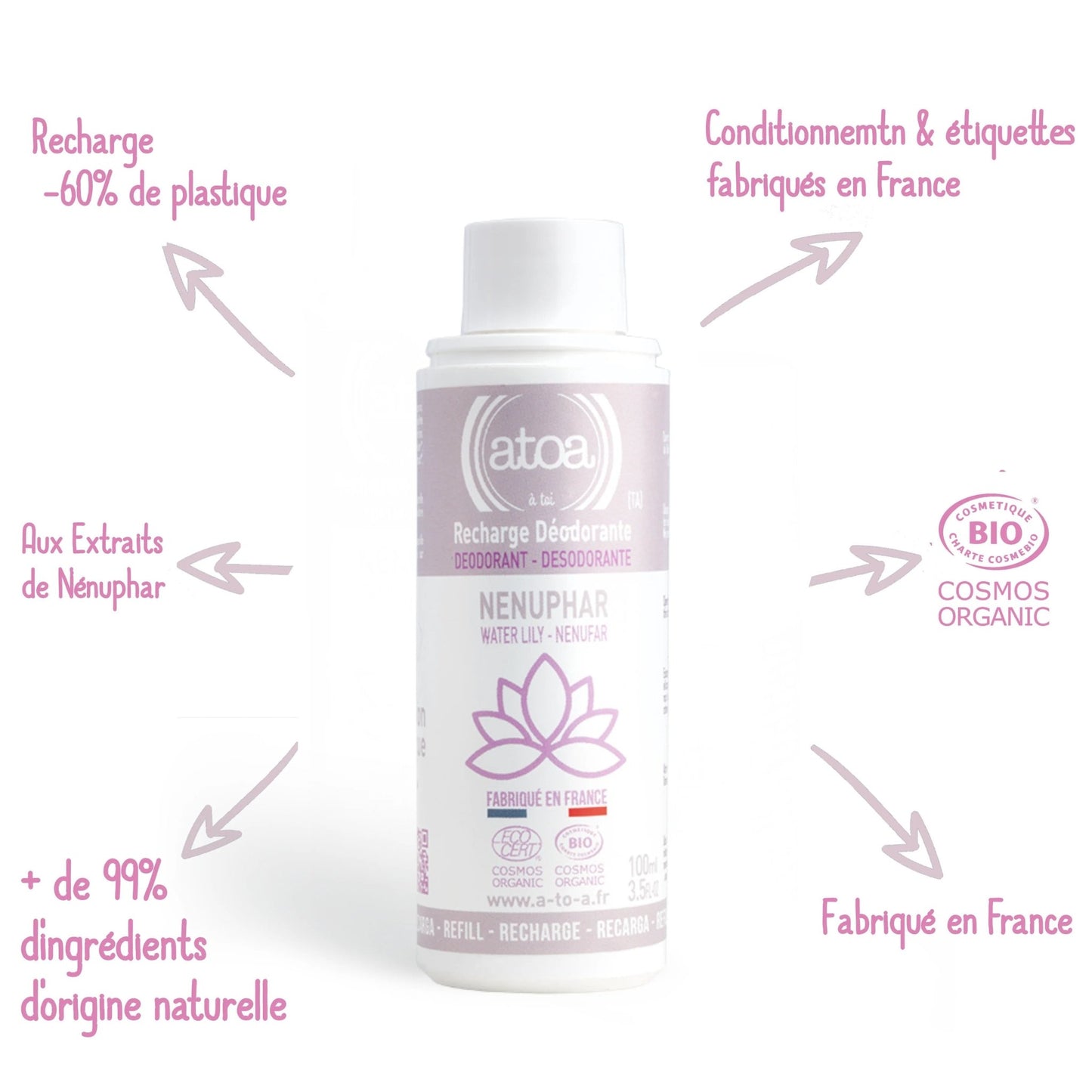 Recharge pour Roll on déodorant Nenuphar bio ATOA 100ml - Benedetti