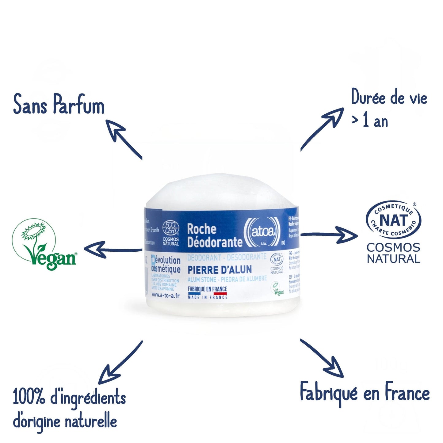 Roche déodorante pierre d'alun 150g ATOA - Benedetti