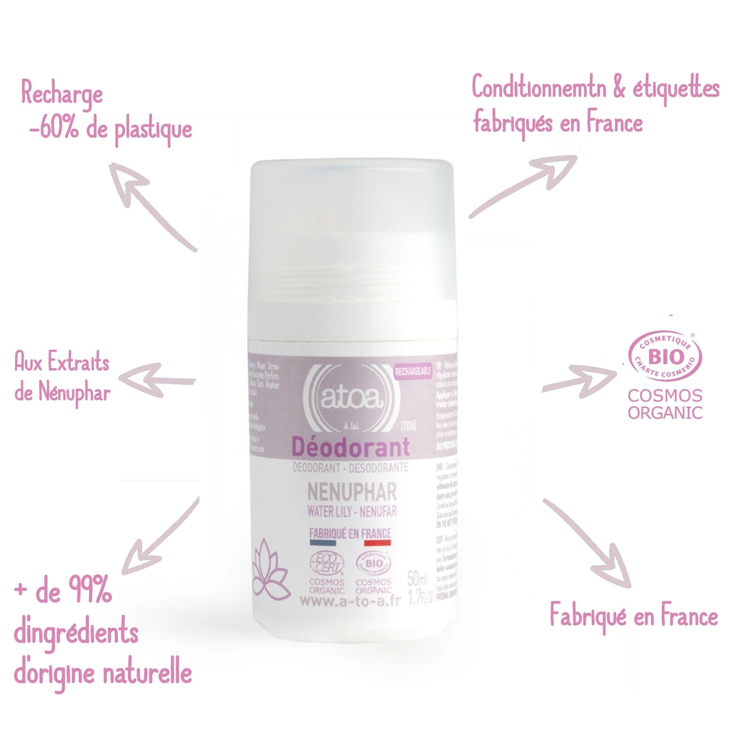 Roll on déodorant rechargeable Nenuphar bio ATOA 50ml - Benedetti