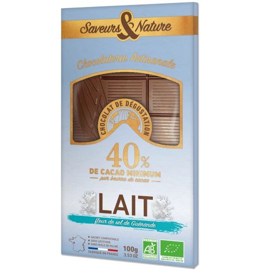 Tablette de chocolat au lait 40% à la fleur de sel de Guérande bio 100g Saveurs & Nature - Benedetti