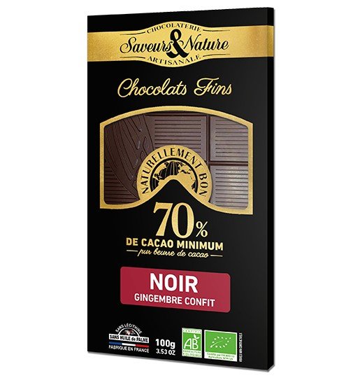 Tablette de chocolat noir 70% de cacao au gingembre confit bio 100g Saveurs & Nature - Benedetti
