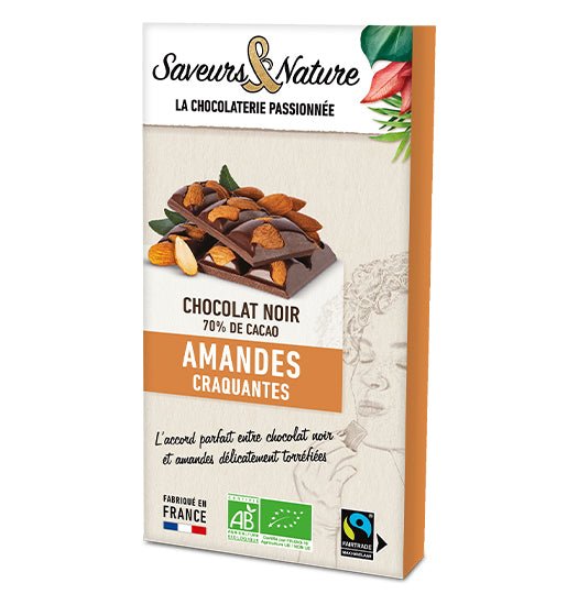 Tablette de chocolat Noir 70% incrustée Amandes 100g Saveurs & Nature - Benedetti