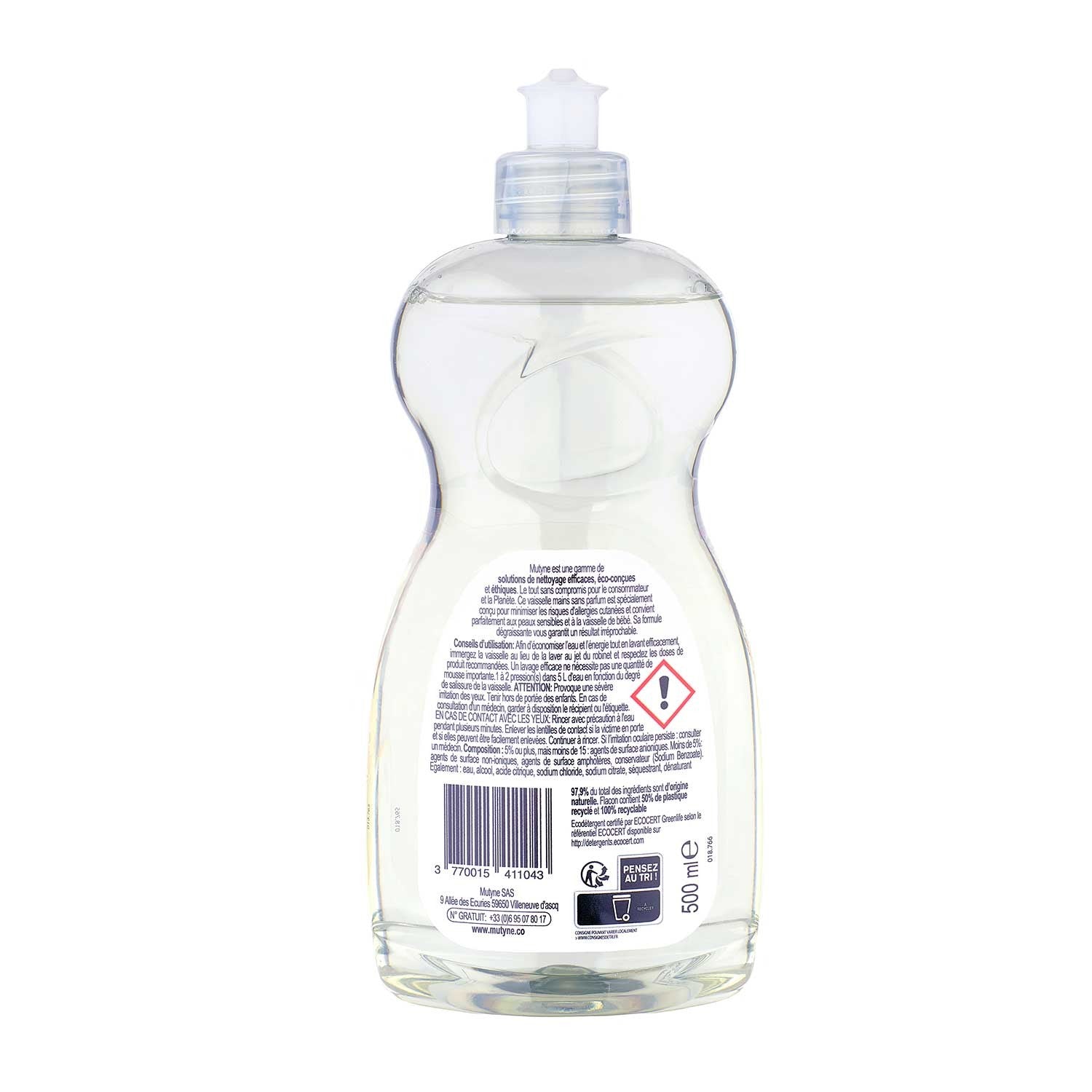 Liquide vaisselle Mains hypoallergénique sans parfum Mutyne 500ml