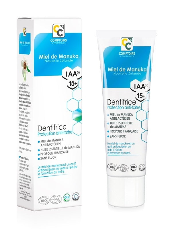 Dentifrice protection anti tartre bio au miel de Manuka sans fluor Comptoirs & compagnies au charbon actif 75 ml