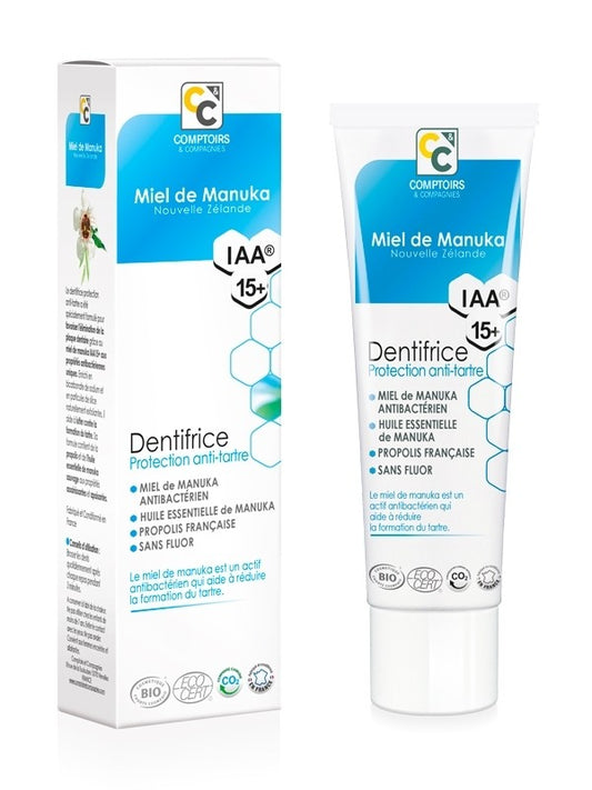 Dentifrice protection anti tartre bio au miel de Manuka sans fluor Comptoirs & compagnies au charbon actif 75 ml