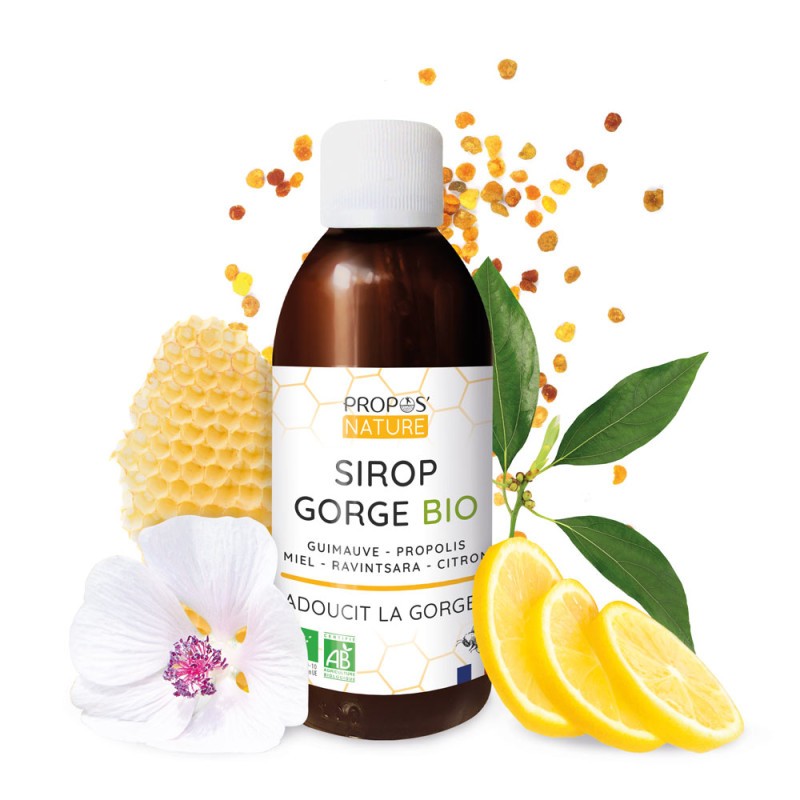 Sirop Gorge Propolis verte Bio Guimauve, propolis, miel, ravianstara, citron  PROPOS NATURE 200ml