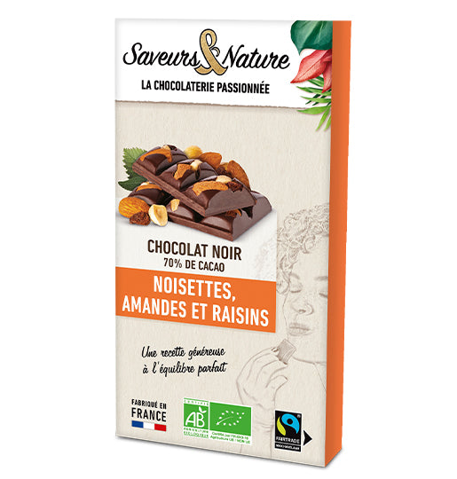 Tablette de chocolat Noir 70% de cacao incrustée Amandes-Noisettes-Raisins 100g Saveurs & Nature