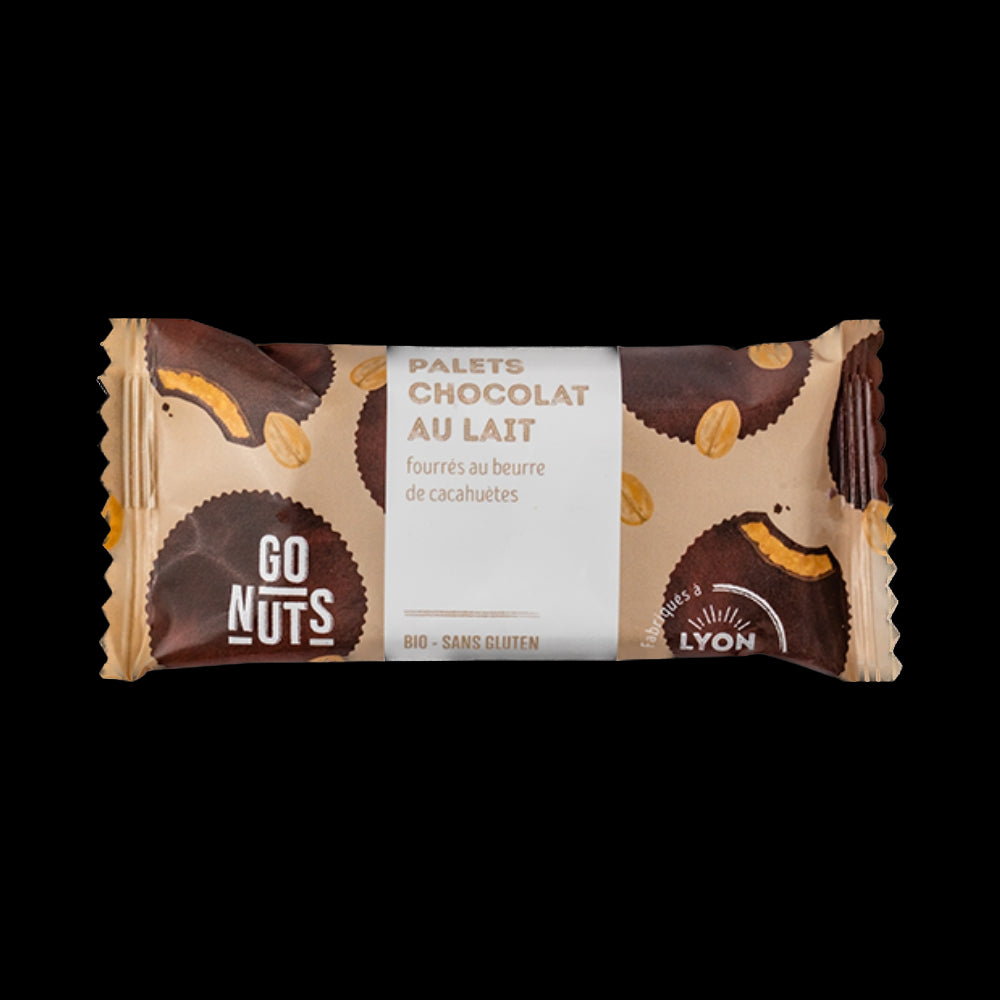 Palets chocolat au lait fourrés au beurre de cacahuetyes Bio GO Nuts sachet de 2