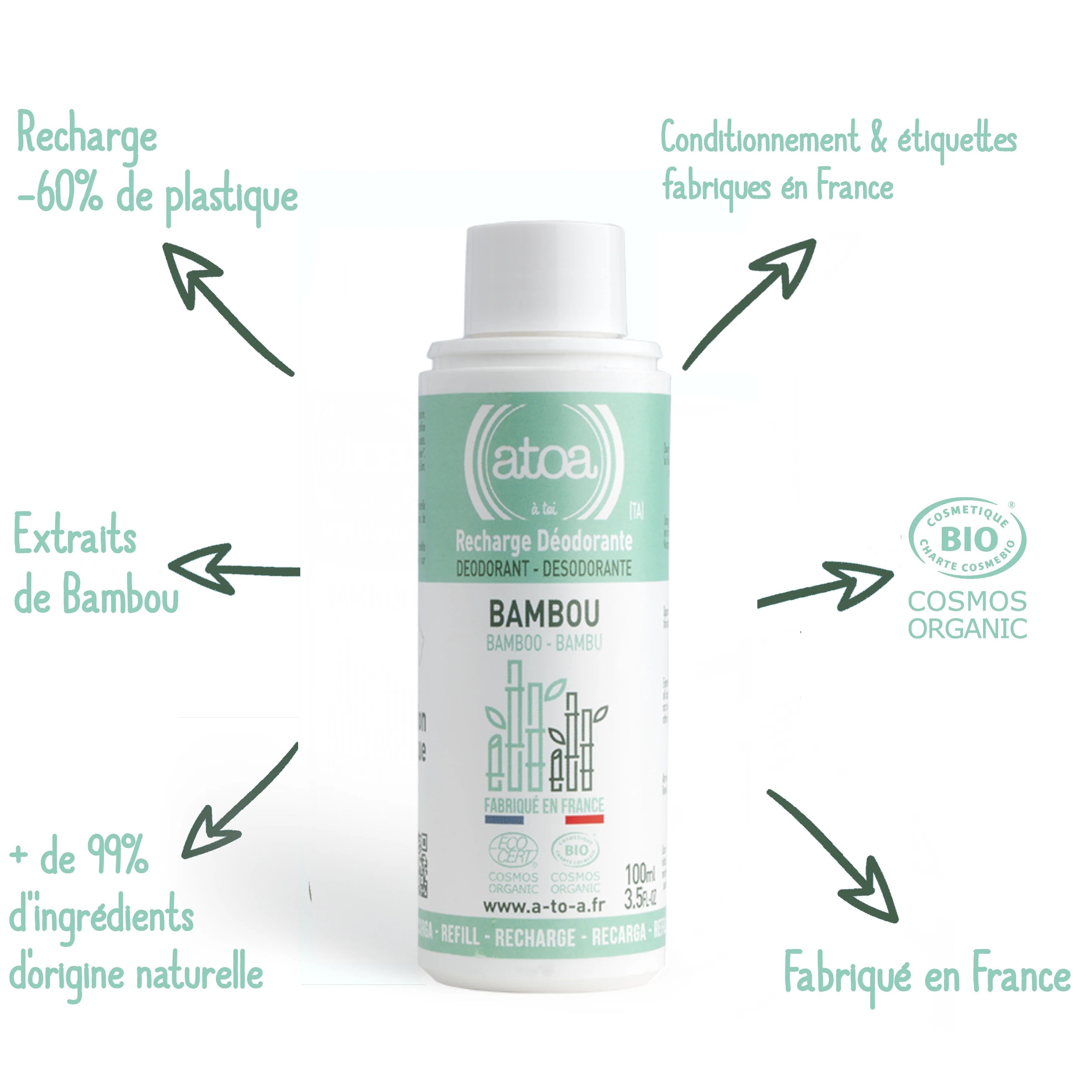 Recharge pour Roll on déodorant Bambou bio ATOA 100ml