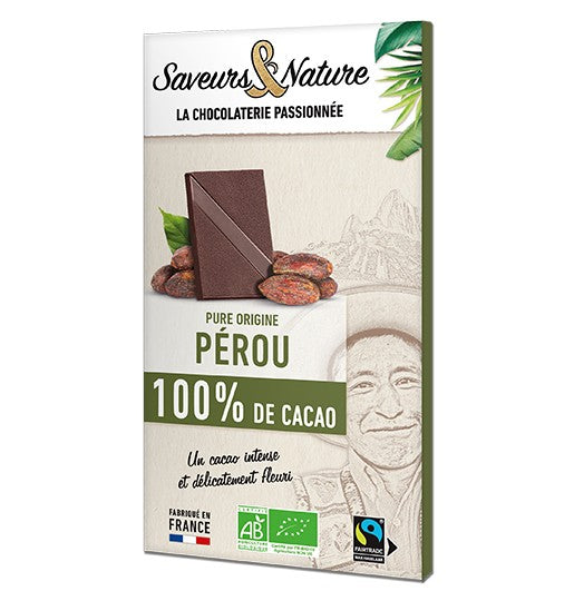 Tablette 100% cacao sans sucre pure origine Pérou bio 100 g Saveurs & Nature