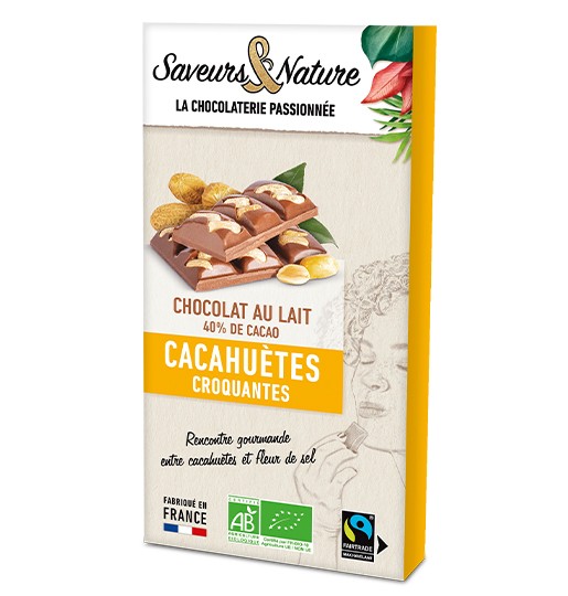 Tablette de chocolat au lait 40% de cacao Cacahuètes et fleur de sel de Guérande 100g Saveurs & Nature