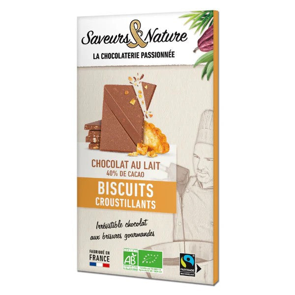 Tablette de chocolat au lait 40% aux éclats de biscuits bio 80g Saveurs & Nature