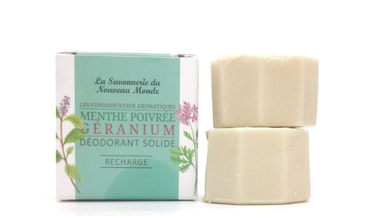 2 recharges déodorant solide 30ml menthe poivrée géranium la savonnerie du nouveau monde