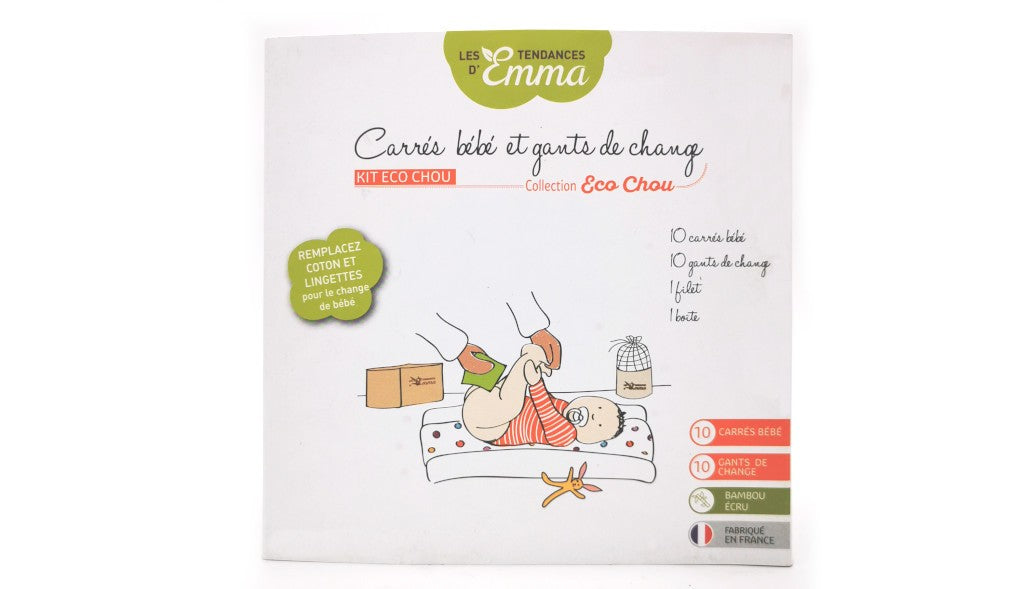 kit echo chou 10 carrés bébé lavables  et gants de changes bambou écru les tendances d'Emma