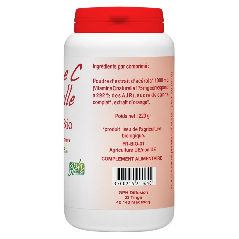 Vitamine C naturelle Acérola Bio 100 comprimés de 2,2g Gph Diffusion