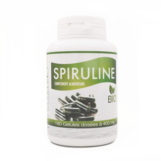 Pilulier de 180 gélules végétales dosées à 400mg de Spiruline Bio Gph Diffusion