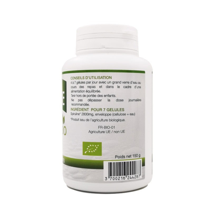 Pilulier de 180 gélules végétales dosées à 400mg de Spiruline Bio Gph Diffusion