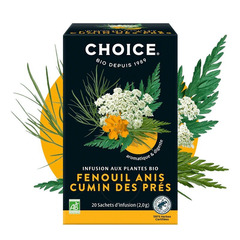 Infusion Fenouil Anis Cumin des prés Bio 20 sachets Choice - Benedetti
