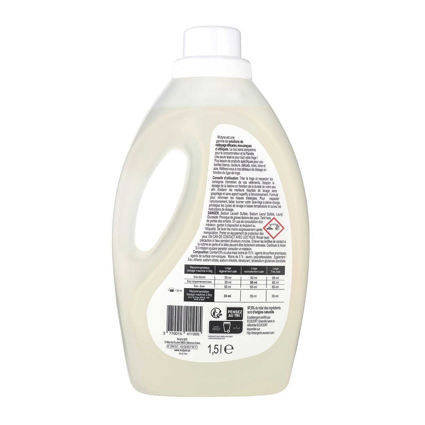 Lessive liquide hypoallergénique sans parfum 30 Lavages Mutyne - Benedetti