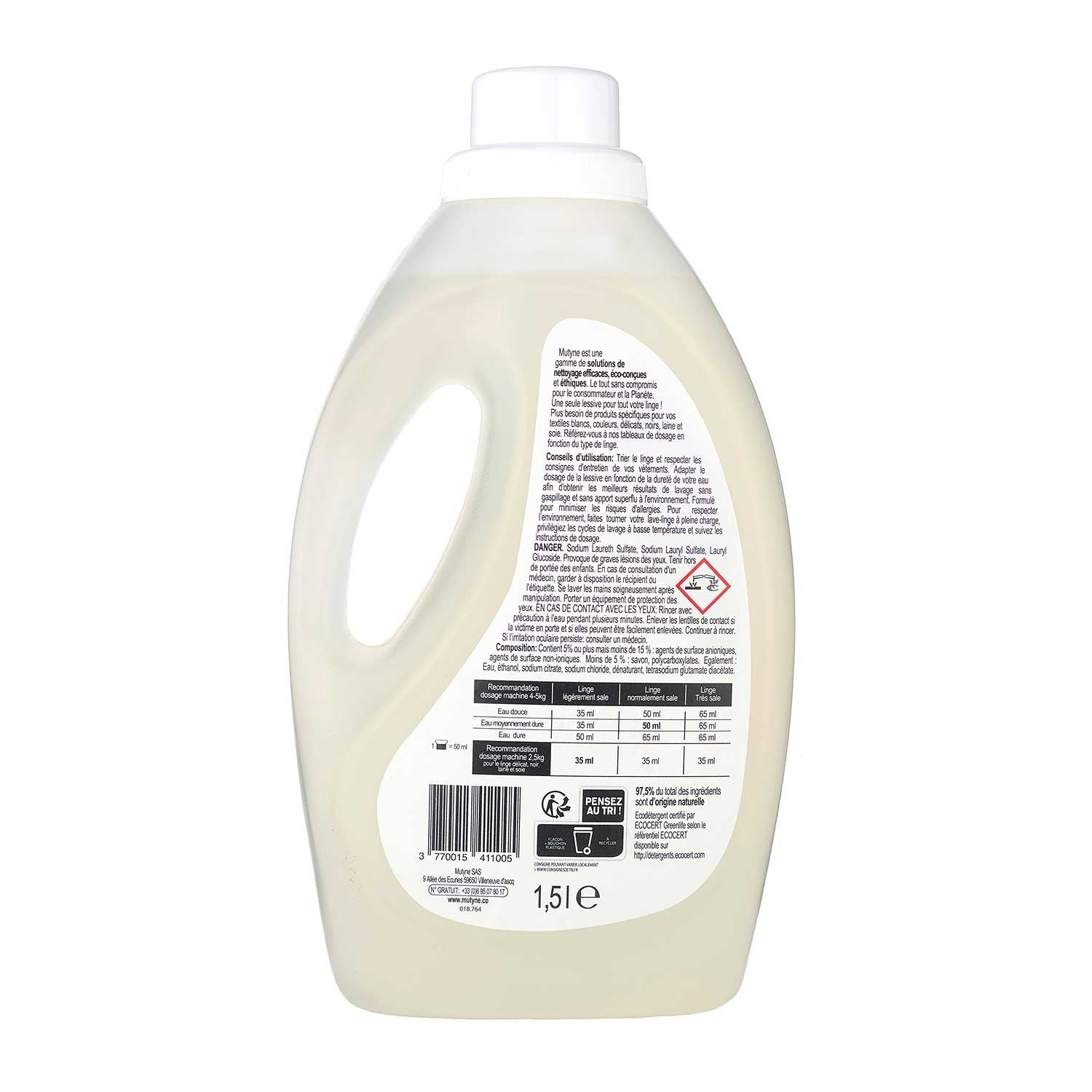 Lessive liquide hypoallergénique sans parfum 30 Lavages Mutyne - Benedetti