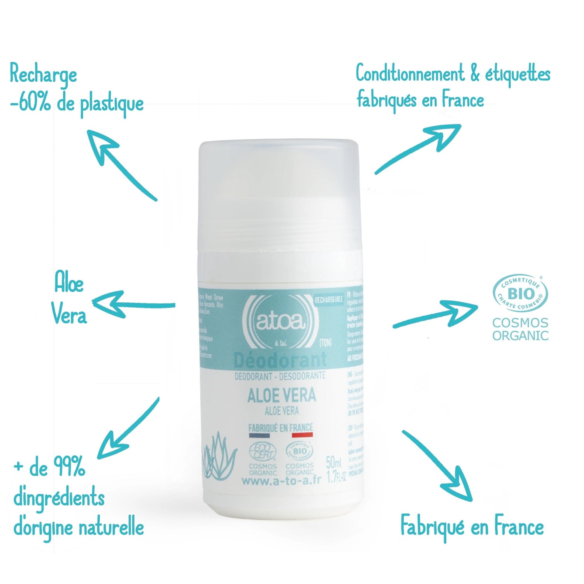 Roll on déodorant rechargeable Aloe Vera bio ATOA 50ml - Benedetti