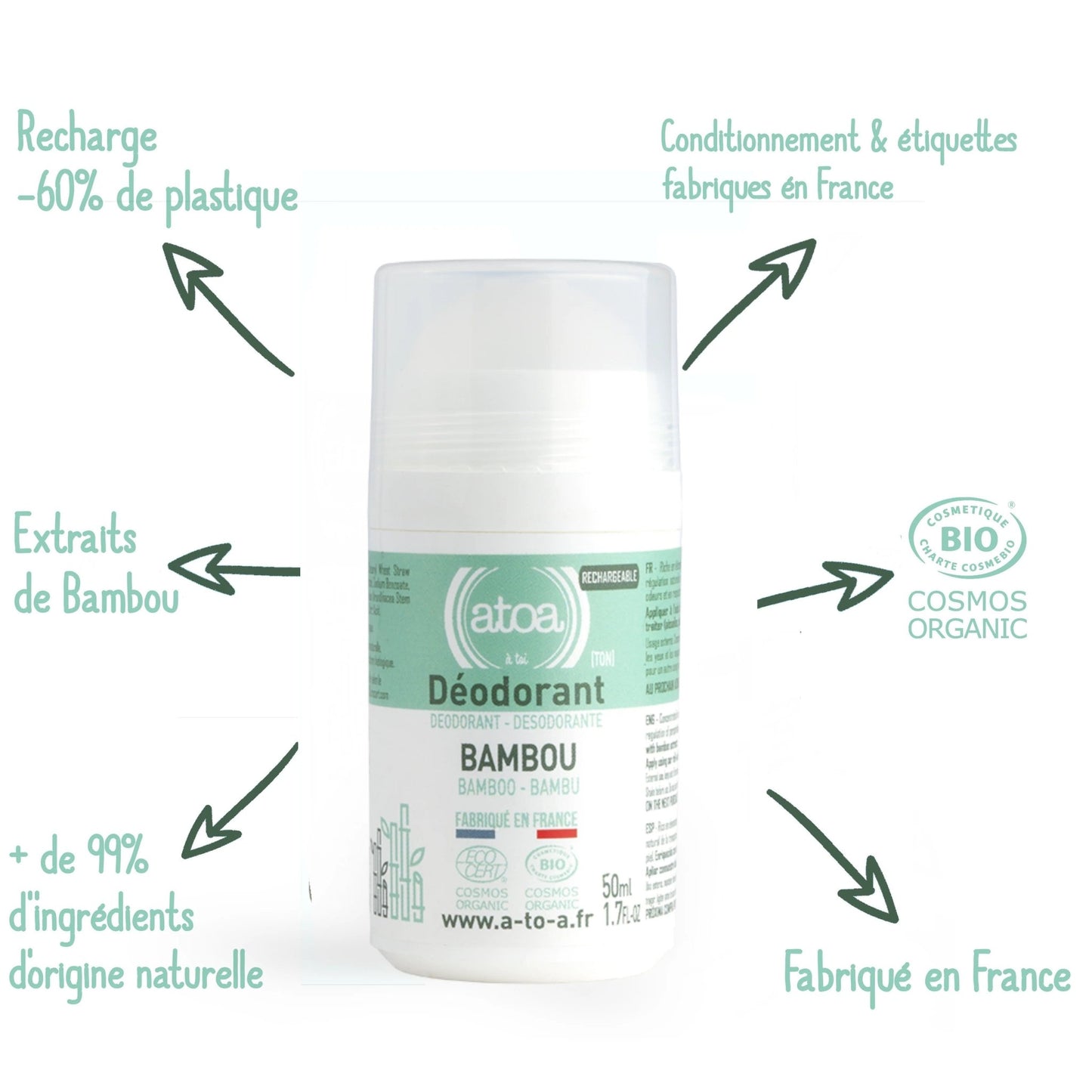 Roll on déodorant rechargeable Bambou bio ATOA 50ml - Benedetti