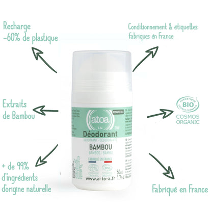 Roll on déodorant rechargeable Bambou bio ATOA 50ml - Benedetti