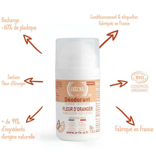 Roll on déodorant rechargeable Fleur d'oranger bio ATOA 50ml - Benedetti