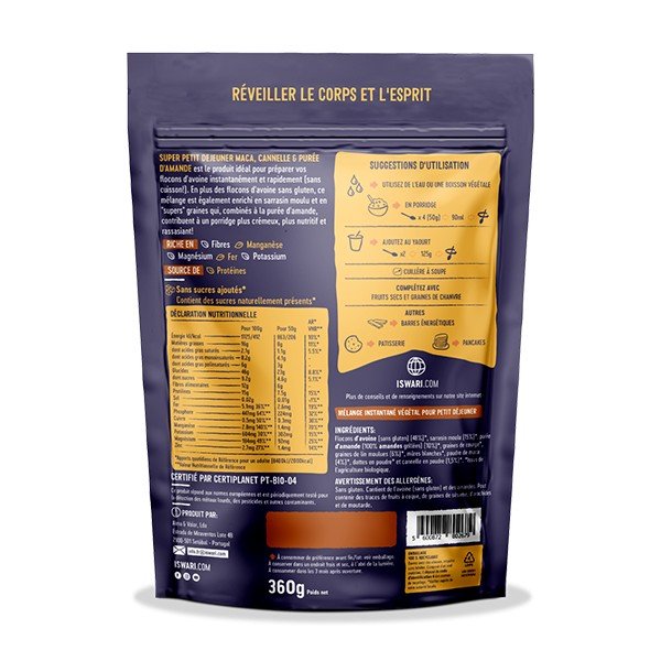 Super Petit Déjeuner Maca, Cannelle et Purée d'Amandes bio ISWARI 360g - Benedetti