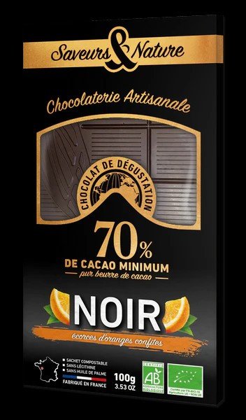 Tablette de chocolat noir 70% de cacao et écorces d'oranges bio 100g Saveurs & Nature - Benedetti