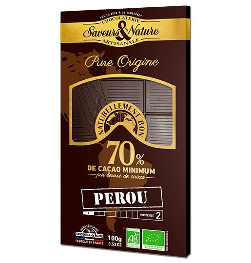 Tablette de chocolat noir 70% de cacao pure origine Pérou bio 100g Saveurs & Nature - Benedetti