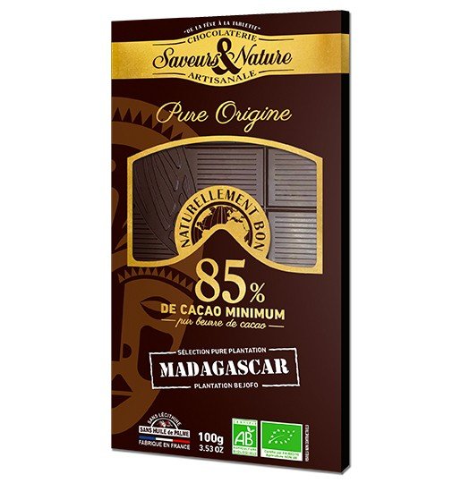 Tablette de chocolat noir 85% de cacao pure origine Madagascar bio 100g Saveurs & Nature - Benedetti